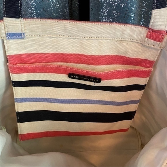 Kate Spade Fairmont Canvas Striped Bow Tote Cream Blue Coral Summer Bag - Picture 6 of 6